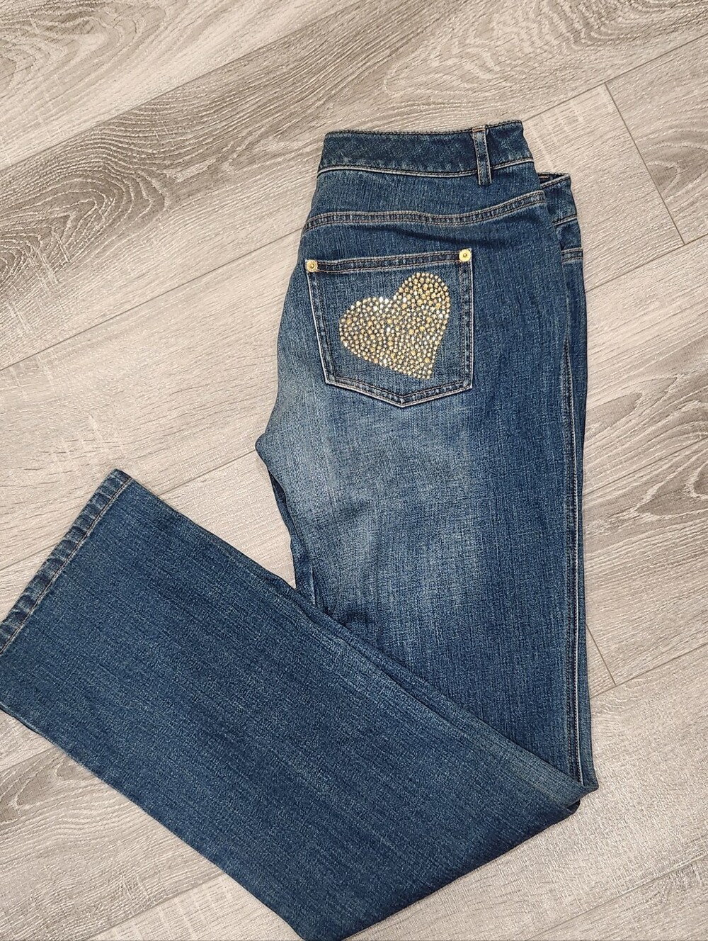St. John Dark Blue Bootcut Jeans with Embellished Heart Pocket
